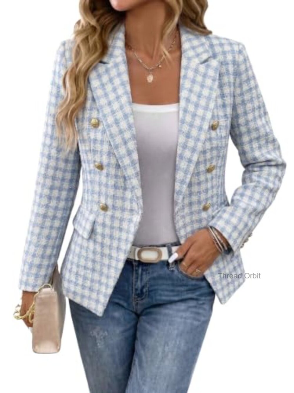 Tweed Plaid Double-Breasted Blazer Slim Fit Business Casual